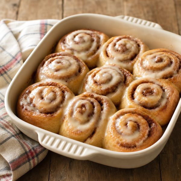 Fresh homemade cinnamon rolls in a baking dish